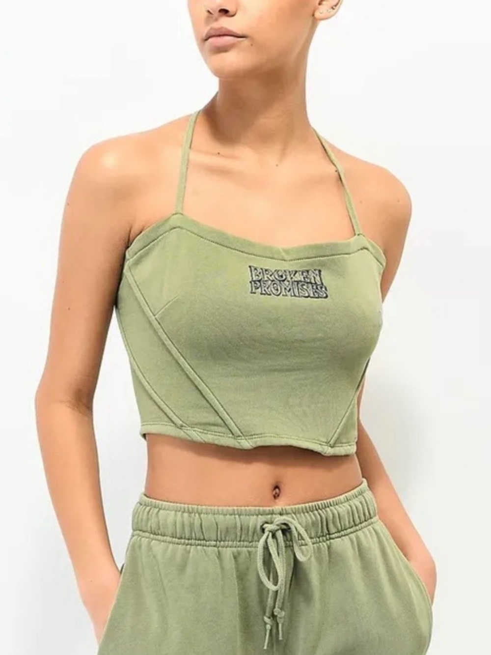 BROKEN PROMISES Olive Halter Crop Top and pants